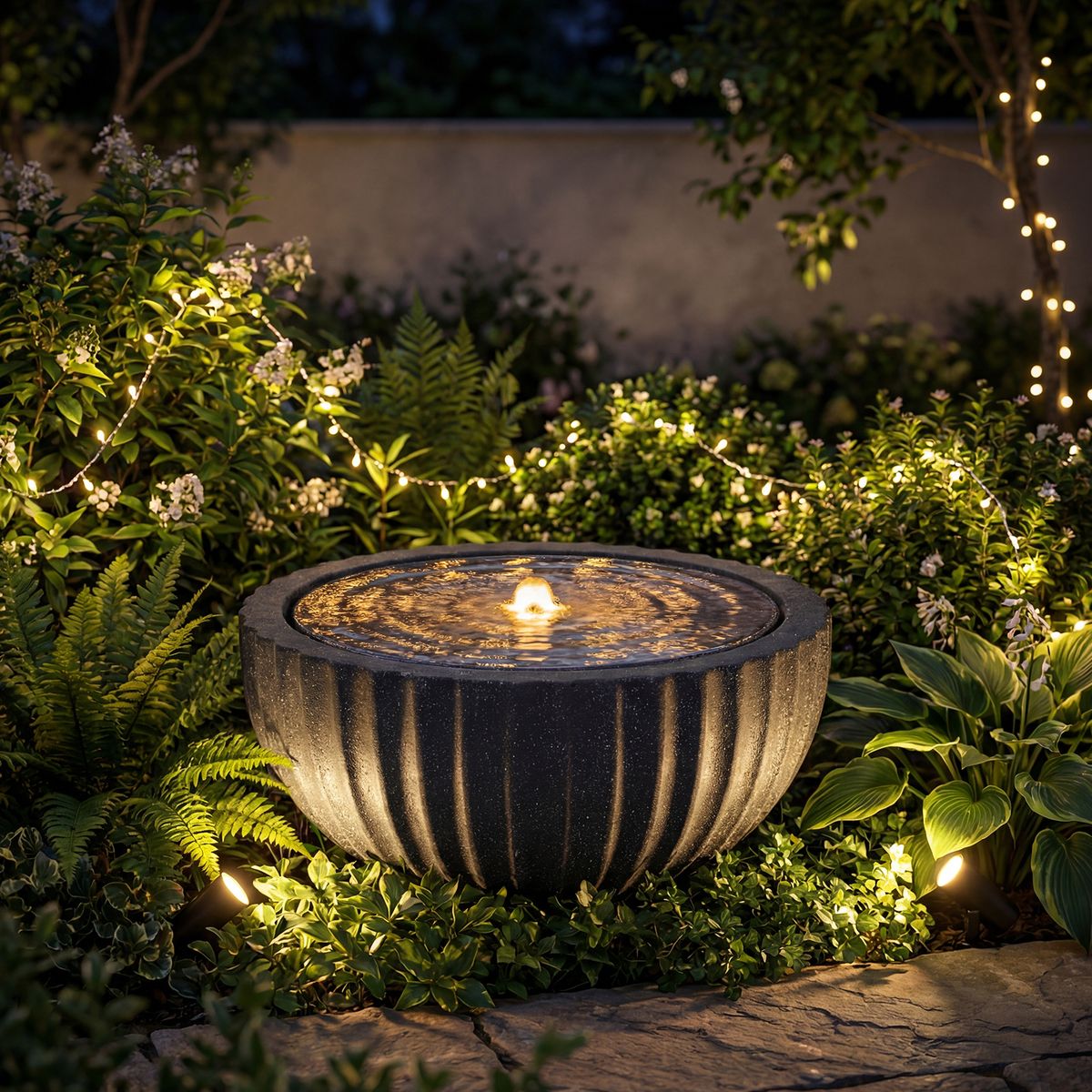 Coast Runder Gartenbrunnen – mit LED-Beleuchtung – Steinoptik – 45 x 45 x 23,5 cm – schwarz