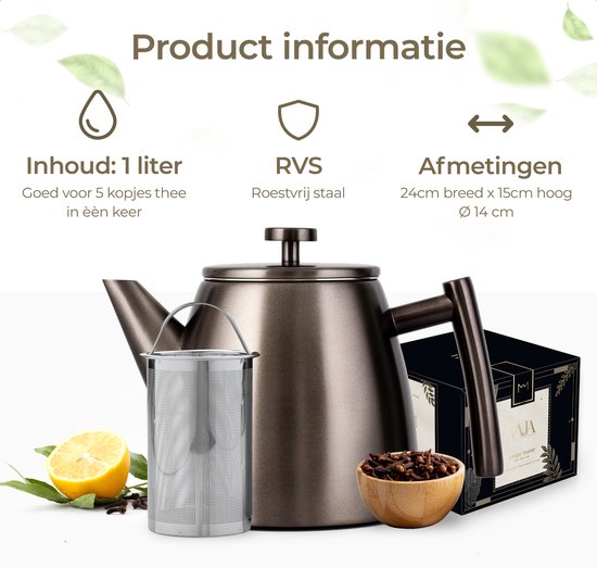 Vaja® Teekanne Juliette Gun Metal - Doppelwandig - 1 Liter - Edelstahl-Teekanne mit Filter