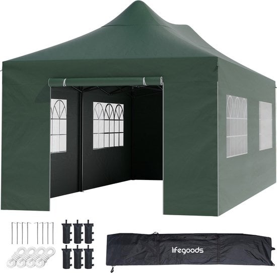 LifeGoods Partytent - Paviljoen - 3x6 m - Zijwanden - Easy Up - Opvouwbaar - Waterdicht - Draagtas met Wieltjes - Donkergroen