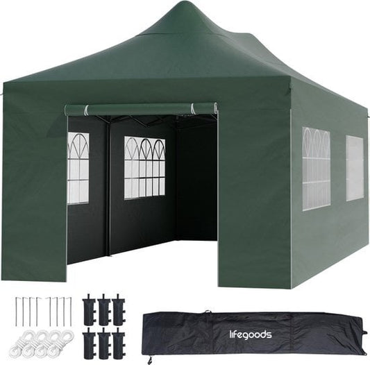 LifeGoods Partytent - Paviljoen - 3x6 m - Zijwanden - Easy Up - Opvouwbaar - Waterdicht - Draagtas met Wieltjes - Donkergroen