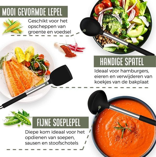 COOCK Kitchenware Set mit Halter XL - Kochgeschirr-Set 17-teilig - Silikon - BPA-frei & plastikfrei - aufhängbar - inkl. Ã–ffner