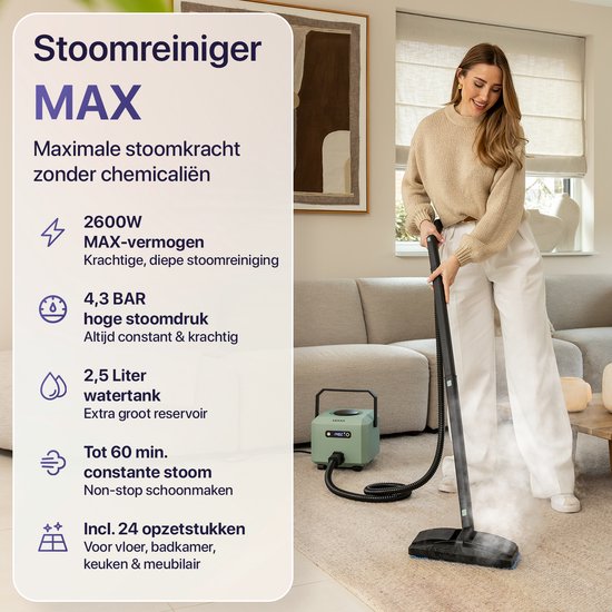 LUMAN Dampfreiniger MAX – 2600 W – 60 Min. Dampflaufzeit – 2,5 l Wassertank – Handdampfreiniger & Teppichreiniger – Grün