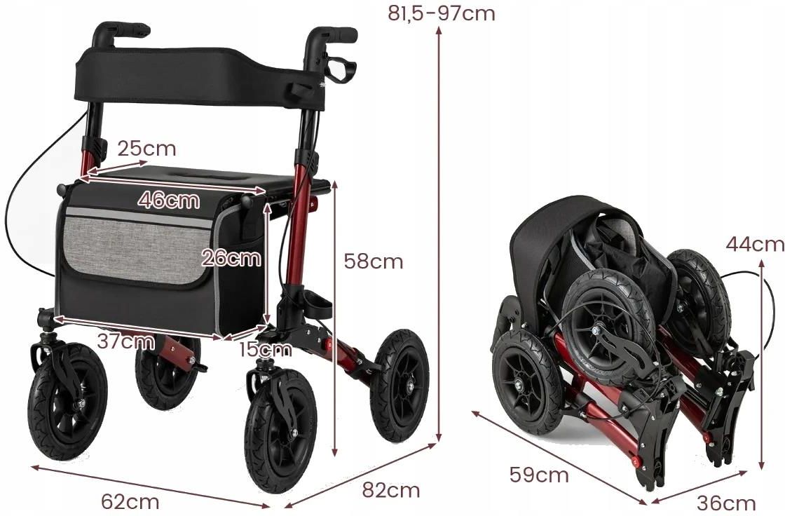 Coast Faltbarer Rollator Rot - Leichter 2-in-1-Reiserollator mit Sitz und Luftbereifung - 62 x 82 x 81,5-97 cm