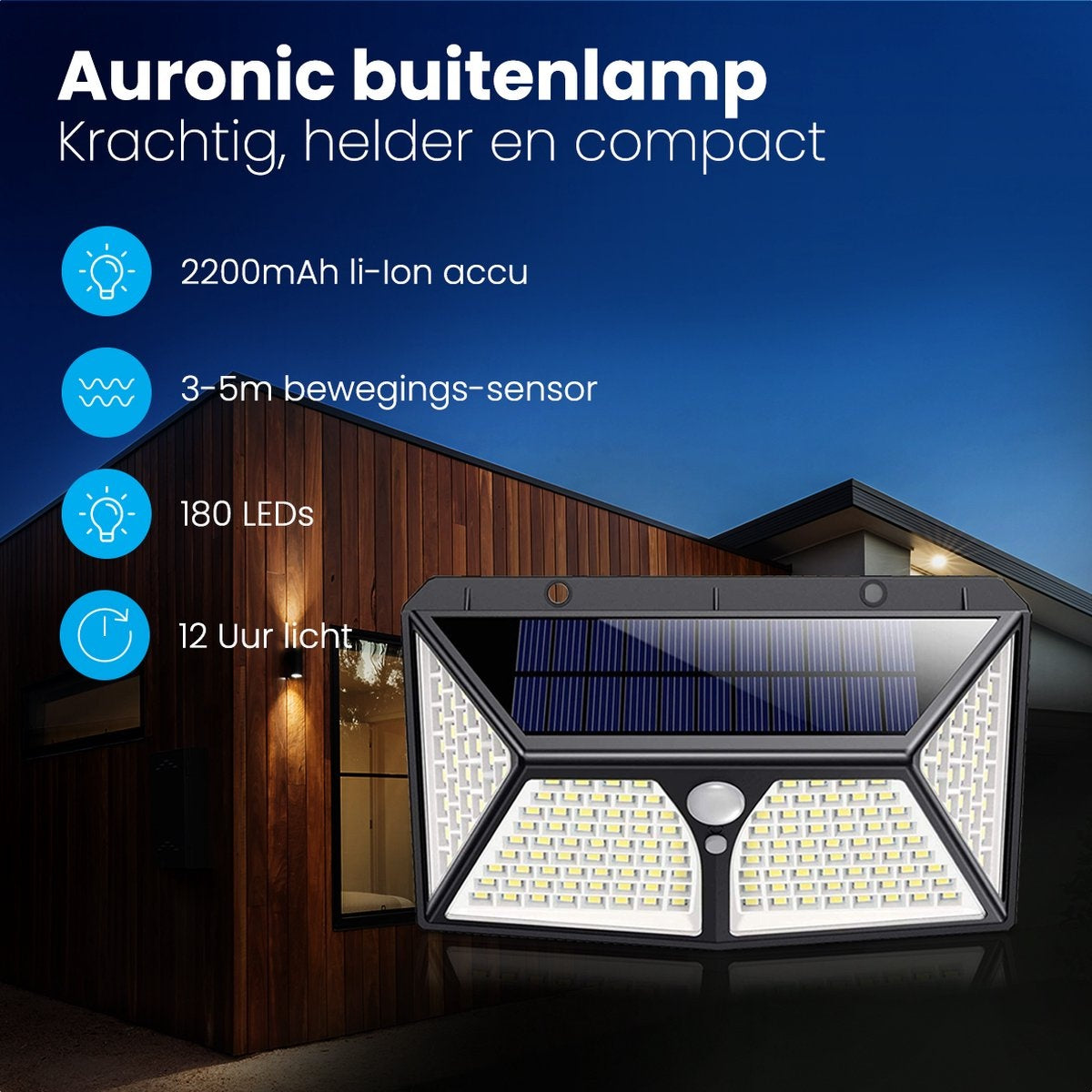 Auronic Solar Außenleuchte mit Bewegungssensor - Wandleuchte mit Sensor - Solar - 180 LEDs - IP65 - Schwarz