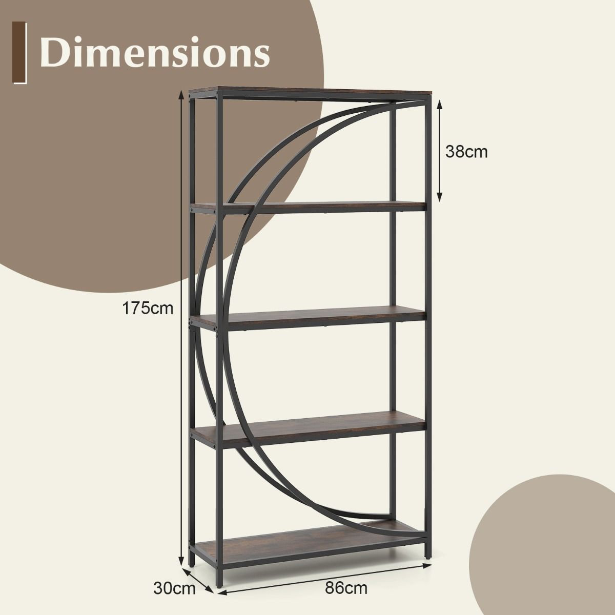 Coast Bücherregal mit 5 Fachböden – geschwungenes Design – Metallgestell – braun – 86 x 30 x 175 cm