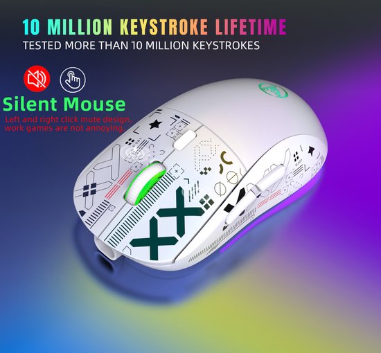 HXSJ T90 2.4G Silent Wireless Gaming Mouse - Bluetooth - Computermäuse - Ultraleicht - RGB-Beleuchtung - Weiß