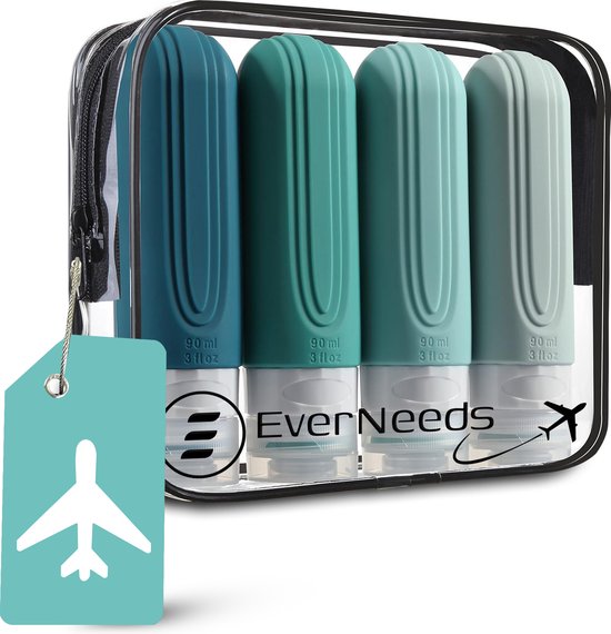 EverNeeds Reiseflaschen mit Etui - Nachfüllbar - Silikon-Reiseflaschen Handgepäck - Minze - 4 Stück