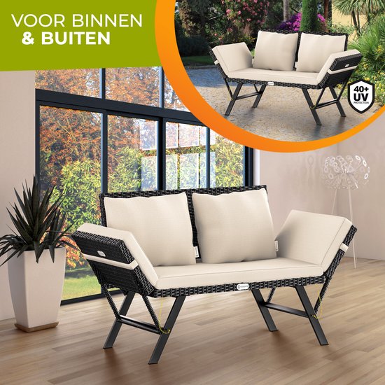 Casaria Polyrattan Gartenbank - 176 cm Verstellbar Inkl. Kissen - Schwarz
