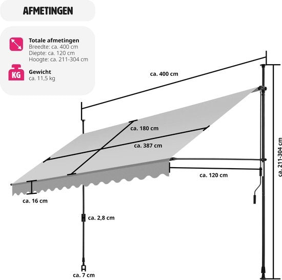 tectake - Klemmmarkise - Markise - Sonnendach - Verstellbar - Klemmmarkise - Balkonmarkise - 400 x 180 cm - hellgrau - Markise - 404970