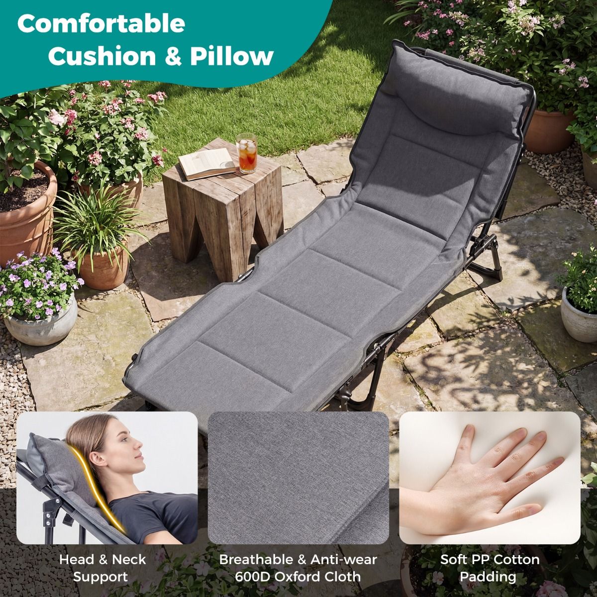 Coast Faltbares Campingbett 3-in-1 – verstellbare Rückenlehne – Kopfstütze – grau und schwarz