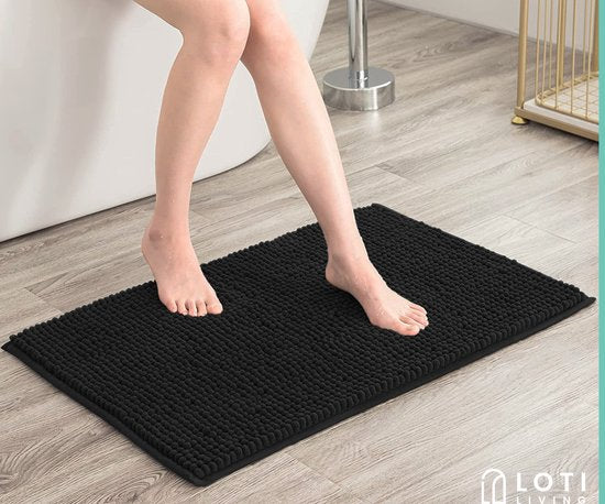 Loti Living Anti-Rutsch Badematte - Duschmatte - Badezimmermatte - Bodenmatte - Chenille Badematte - Schwarz - 50x80 cm