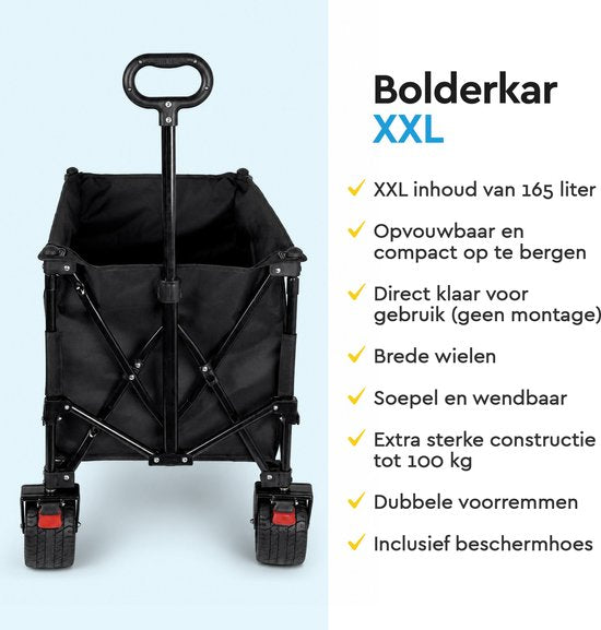 BRASQ Klappbarer Handwagen – 165 Liter – 100 kg Tragkraft – Schwenkbare Räder mit Bremse – 90 x 52 x 110 cm – Verstellbarer Griff – Zusammenklappbarer Handwagen – Schwarz