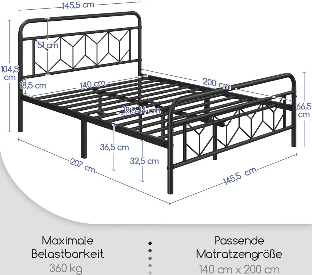Yaheetech Metallbettgestell im Vintage-Stil mit Stauraum, 140 x 200 cm, schwarz