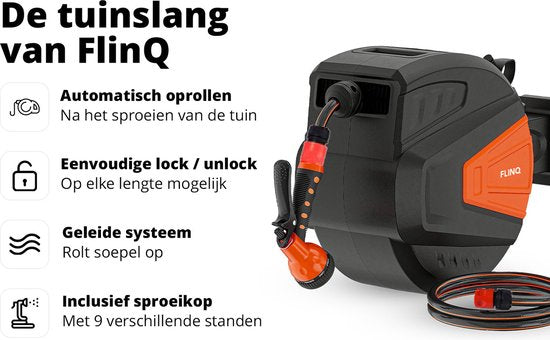 FlinQ Gartenschlauchtrommel 10 Meter - Automatische Schlauchtrommel - 180° drehbare Wandtrommel - Wandschlauchbox mit Gartenschlauch, Trommel und Sprinklerkopf - 9 Sprühmodi