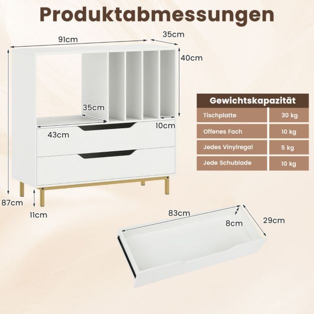 Coast Plattenspieler-Möbel Weiß - Retro-Vinylschrank mit 4 Plattenfächern und 2 Schubladen - 91 x 36 x 87 cm