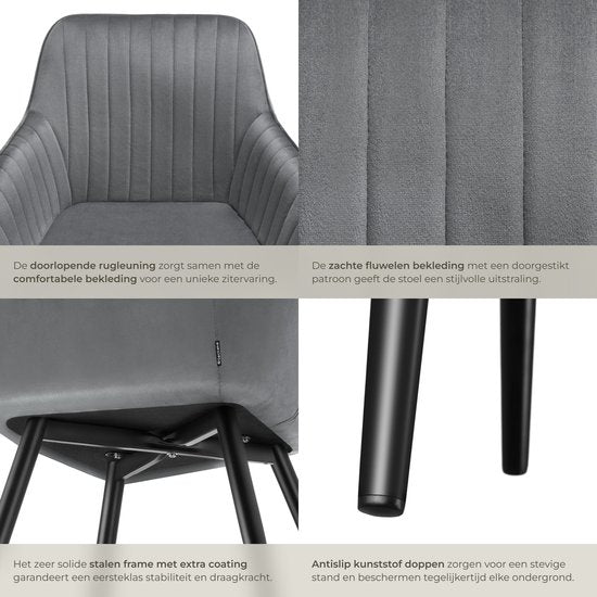 tectake® – Samtstuhl mit Steppmuster – Moderner Esszimmerstuhl – Schalensessel – Für Wohnzimmer, Esszimmer, Lounge oder als Frisiertischstuhl – Verschiedene Farben – Grau/Schwarz
