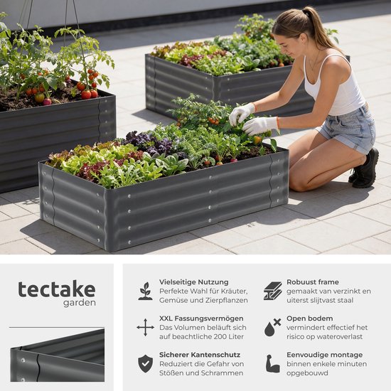 tectake® Erhöhter Pflanzkübel – 120 x 60 x 30 cm – 200 l - Pflanzkübel für den Außenbereich – Anzuchtkasten – Gemüsegarten-Kasten – Verzinkter Stahl – Offener Boden – Kräutergarten – Gartenkübel – Ergonomisch