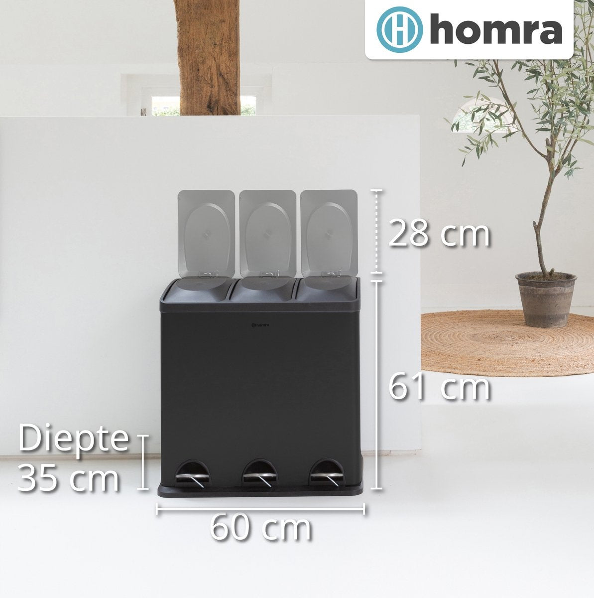Homra MAXER Treteimer - Mülleimer 3 Fächer - Abfalleimer 60 Liter (3x 20L) - Trio-Eimer - Schwarz