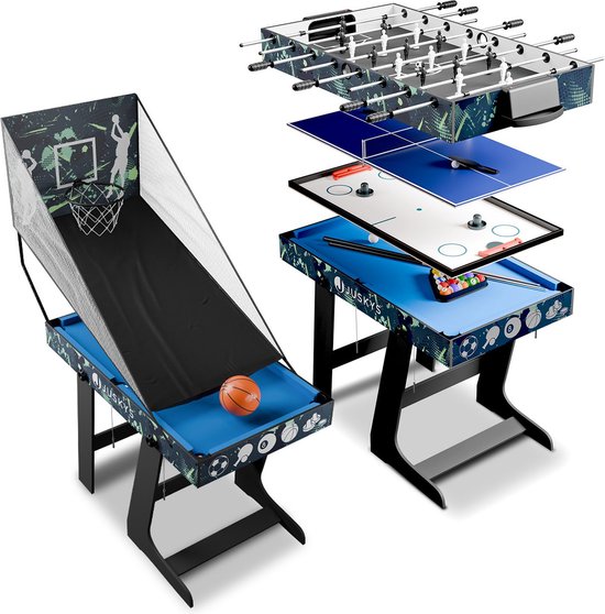 Juskys Multi-Play Tisch 5 in 1 - 104 x 58 x 73 cm - Billard / Tischfußball / Hockey / Tischtennis / Basketball - inkl. Zubehör