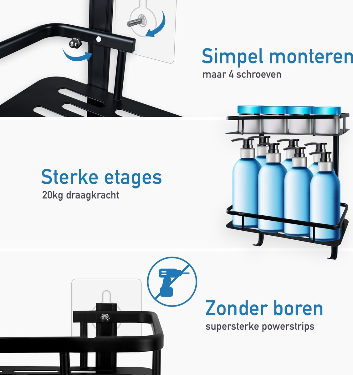 Happy Goods® Duschregal - 2-lagig - kein Bohren - Edelstahl - selbstklebend - 20kg Tragfähigkeit - schwarzes Badezimmerregal