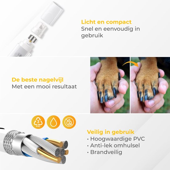 Nuvance - Elektrische Nagelfeile - für Hunde, Katzen und Tiere - Usb wiederaufladbar - Diamantfeilenkopf - kabellos - weiß