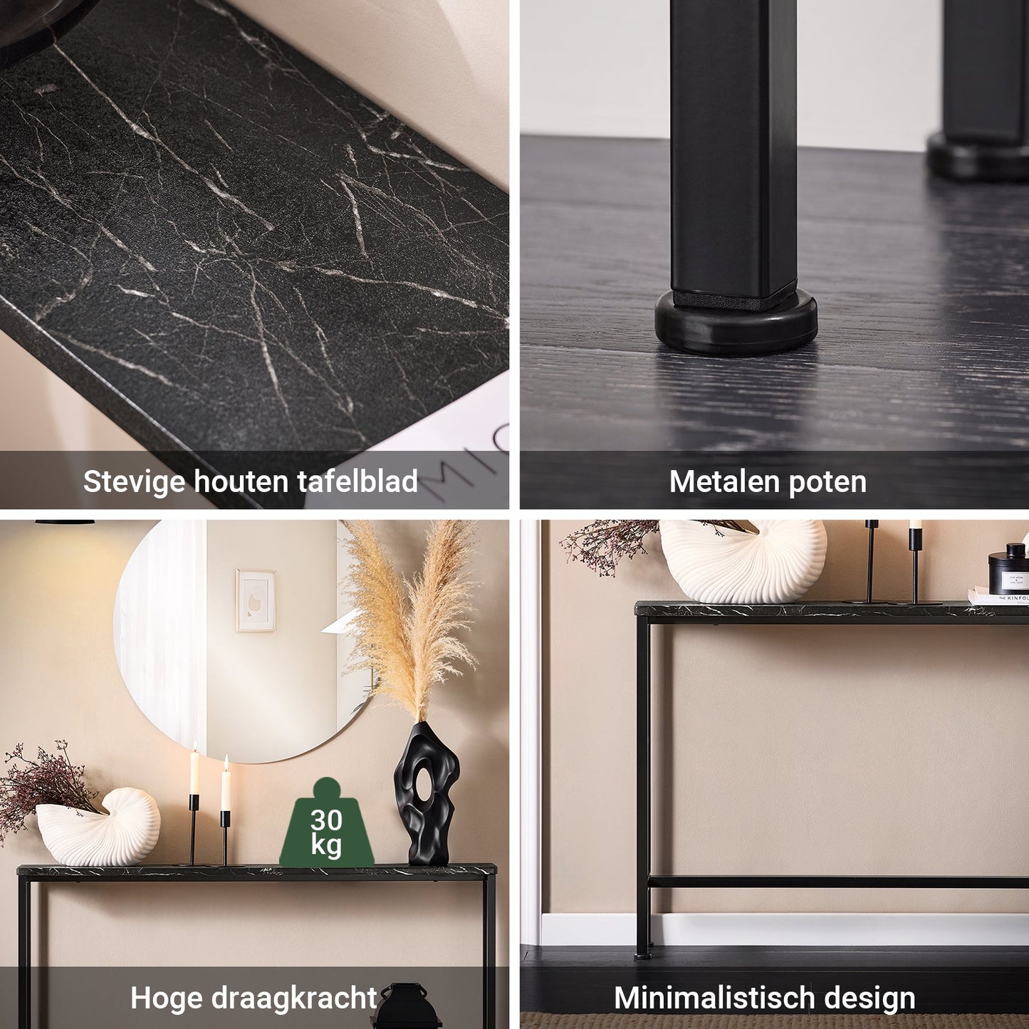 Sobuy Konsolentisch FSB19 SCH Beistelltisch – 120 cm lang, mit Tischplatte in Marmoroptik, schwarzem Metallgestell und Bodenschonern – für Flur und Wohnzimmer – Holz und Metall – 120 x 20 x 65 cm