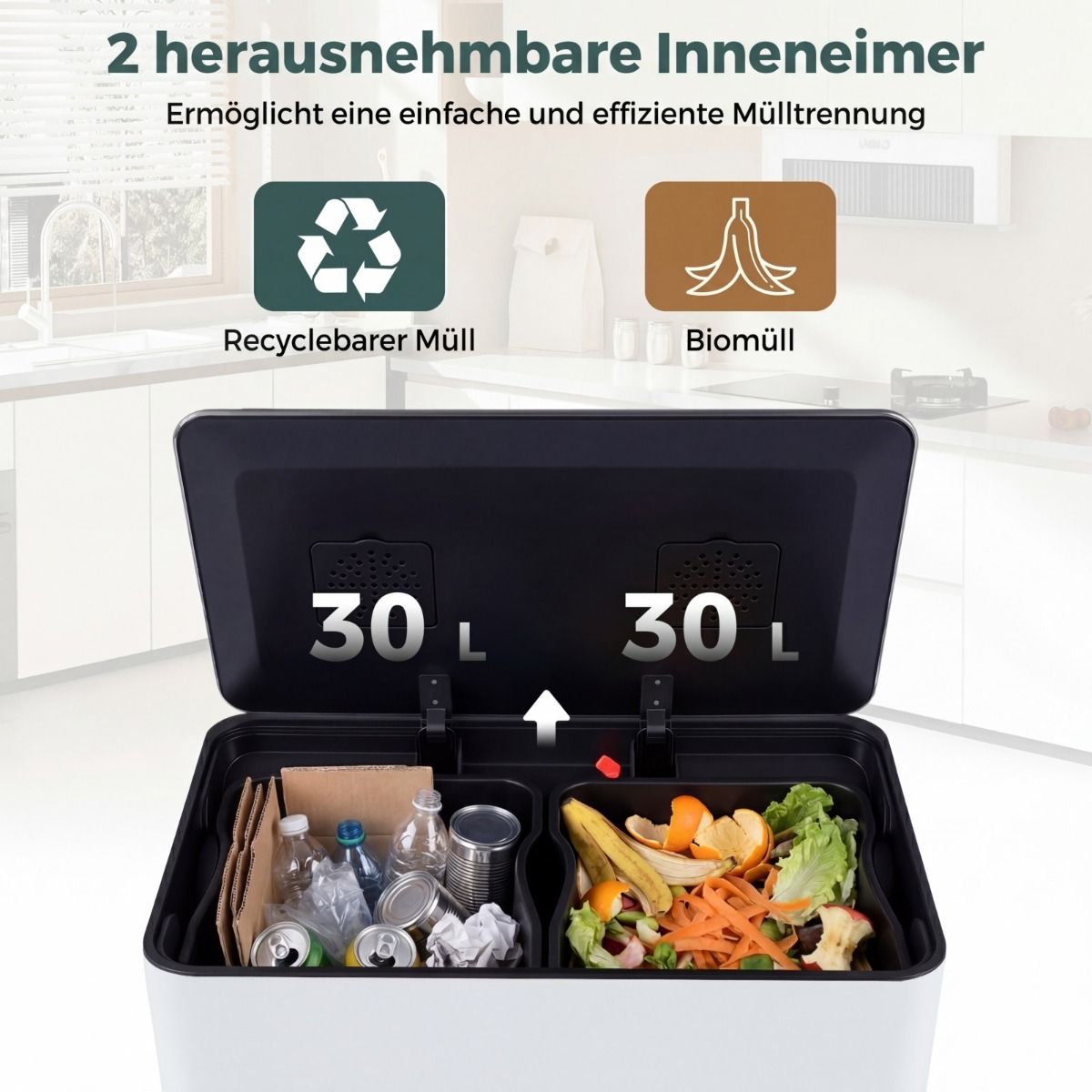 Coast Mülleimer mit Pedal – 2 Fächer – Soft-Close-Deckel – 60 Liter – weiß