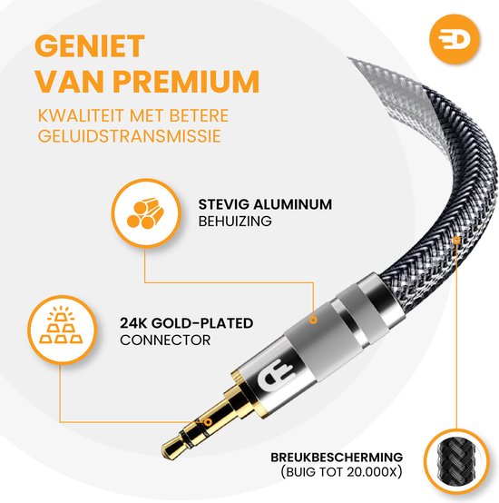 Premium AUX-Kabel 3,5 mm - Nylon-Audiokabel - vergoldet - Stecker auf Stecker - Silber - 3 Meter