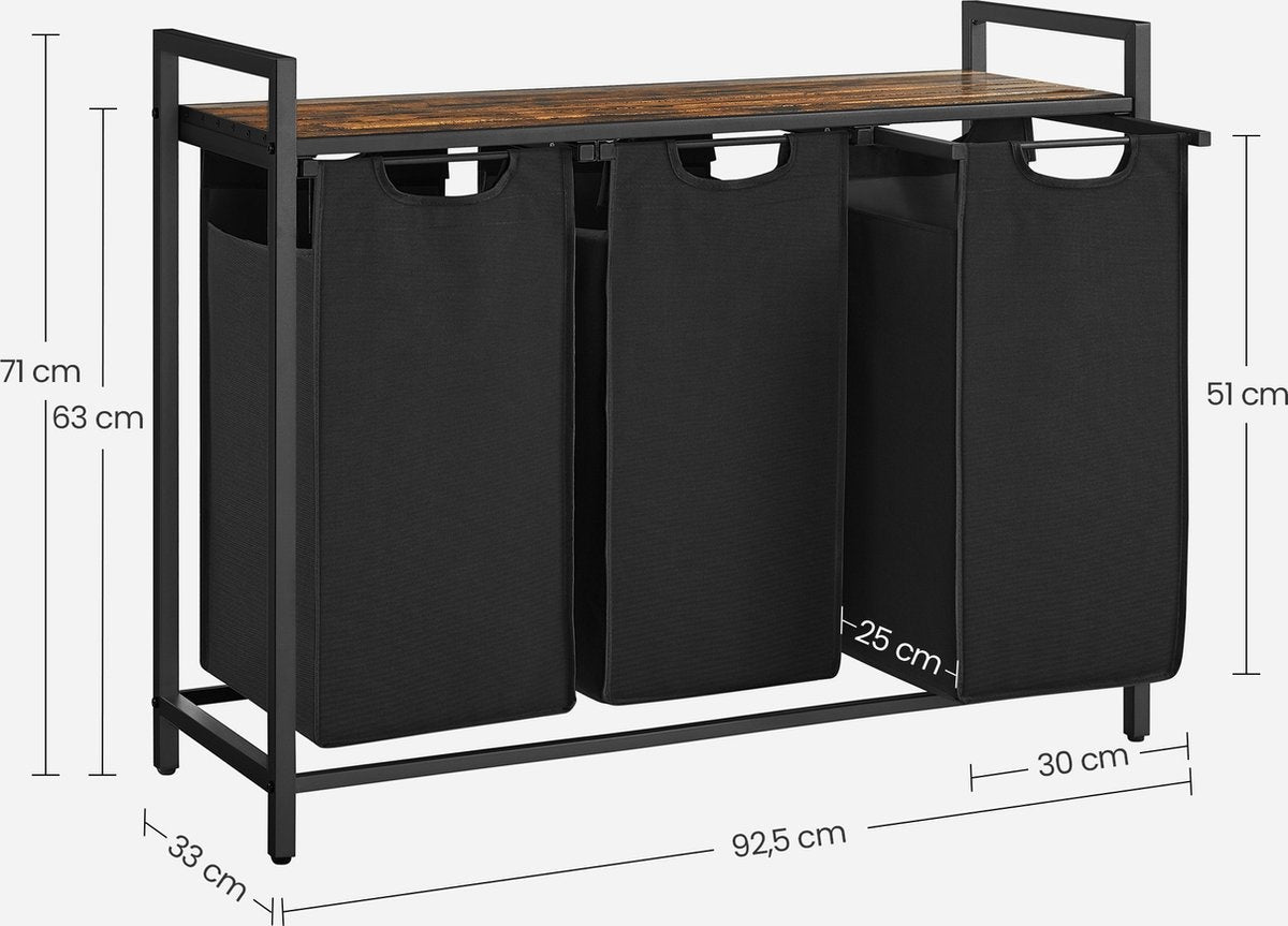 O'DADDYÂ® Wäschekorb 3 Fächer - Wäschesortierer - ausziehbar mit Einlegeboden - 92,5 x 33 x 71 cm - Wäschekorb - 168 L unterteilt in 3 Fächer - Wäschekörbe - Wäschekorb schwarz Metall - Holz braun