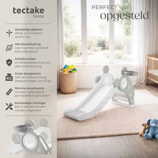 tectake® Kinderrutsche - Rutsche Kleinkind - ab 2 Jahren - mit Basketballring - klappbar - 128 x 66,5 x 67,5 cm - für drinnen und draußen - grau