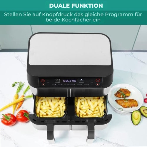 Niceey Double Airfryer - XXL - Zwei Garräume - 8,0 Liter - 2460 Watt - Heißluftfritteuse - inkl. Kochbuch - Silber