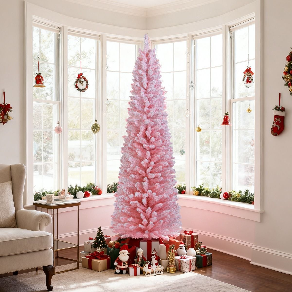 Coast Pink Künstlicher Weihnachtsbaum 180 cm - schlanke Bleistiftform - verschneite Äste - Metallständer