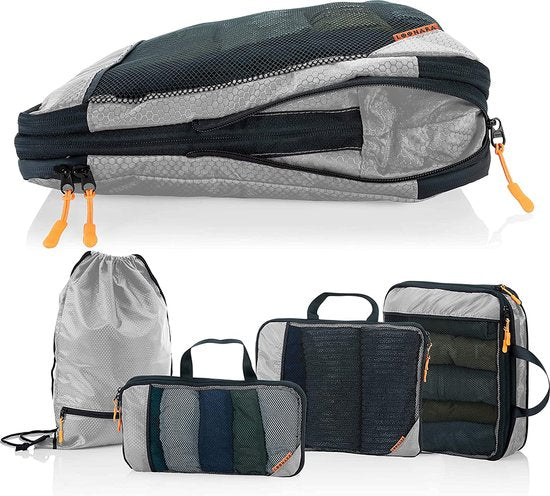 Packwürfel mit Kompression für Koffer und Rucksack mit Packsack, grau