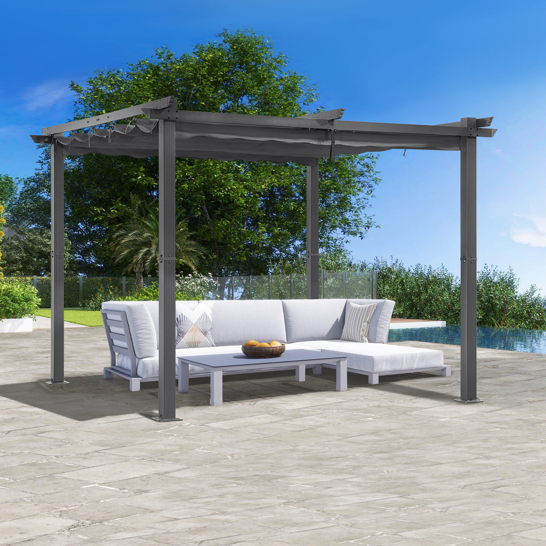 Angel Living Aluminium-Pergola mit verstellbarem, ausziehbarem Dach – 3 x 3 m – Grau/Anthrazit