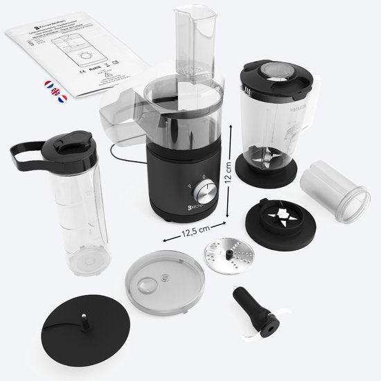 KitchenBrothers Küchenmaschine - Zerkleinerer - Gemüseschneider - 5-in-1 Multifunktionsmodell - Kompakte 0.5L Küchenmaschine - Zwiebelschneider - Schwarz