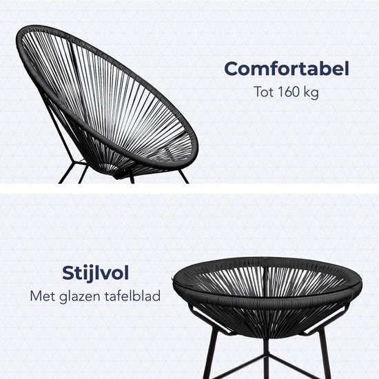 LifeGoods Acapulco Chair Bistro Set - Gartenstühle - Gartenset mit Beistelltisch - 3-teilig - Schwarz