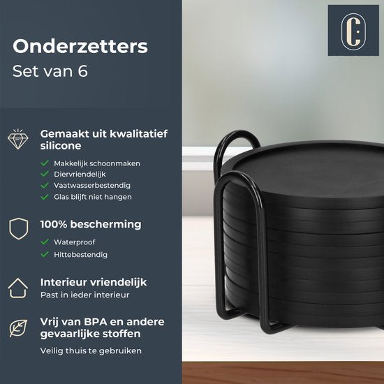 Castagnola Silikon-Untersetzer - Untersetzer für Gläser - Design-Untersetzer mit Halter - Untersetzer-Set - Anti-Rutsch - 12er-Set - Schwarz