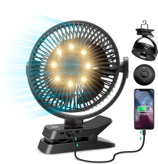 Vulpes Goods® Tech - Tischventilator MAX - Ventilator - Wiederaufladbar & kabellos - Leiser USB-Ventilator mit Fernbedienung - 5 Geschwindigkeiten & Beleuchtung - Ultraleise - 12000 mAh & Powerbank-Funktion - Schwarz