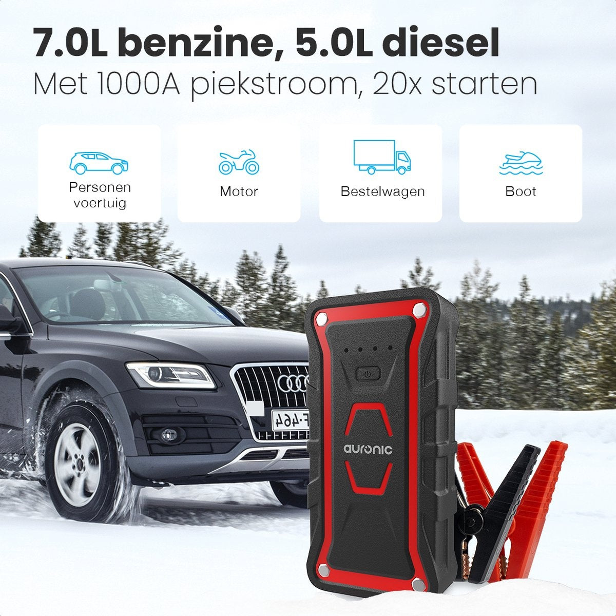 Auronic 12V Jumpstarter für Auto 1000A / 13.000 mAh 4-in-1 Starter Auxiliary - Rot/Schwarz Inklusive Tasche