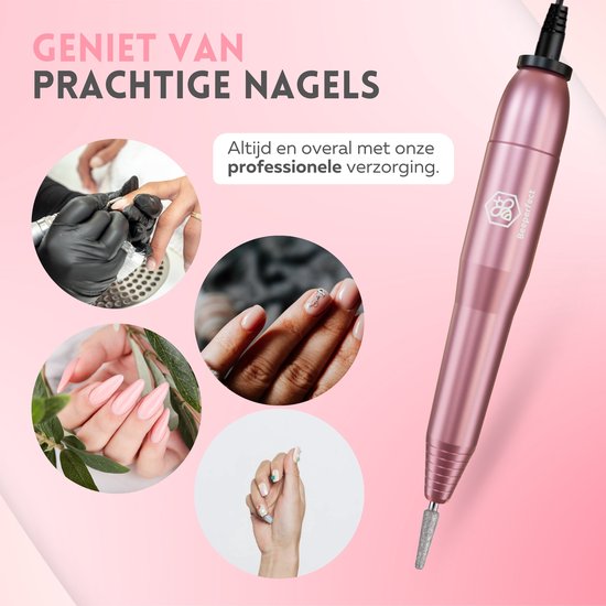 Beeperfect® Elektrische Nagelfeile - Nagelfräser - Maniküre- und Pediküreset - 12 Bits und 60 Schleifrollen - 4 Extra-Zubehör - Pink
