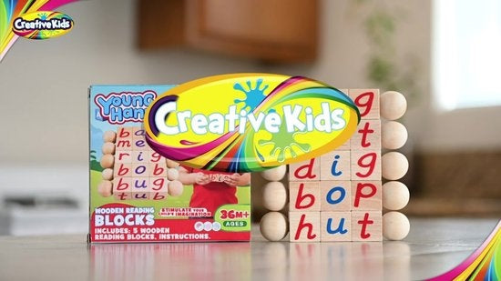 Creative Kids - Leseblöcke aus Holz - Set mit 5 drehbaren Alphabetblöcken - Griffige Griffe - Lernaktivitäten für Kindergarten & Vorschule - Buchstabenarbeit - Montessori-Holzspielzeug - Geschenke für Kinder & Kleinkinder