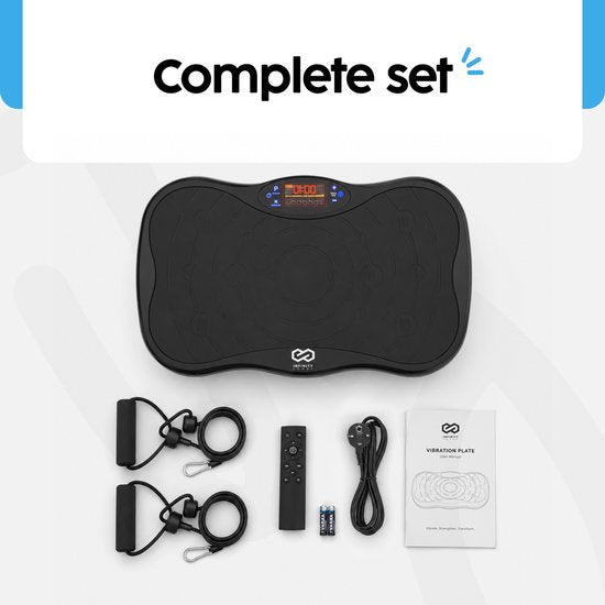 Infinity Goods Vibrationsplatte Premium – Fitness-Vibrationsplatte – inklusive Widerstandsbänder und Griffe – Powerplate – 5 Trainingsprogramme – 99 Geschwindigkeitsstufen – Bluetooth-Musik – Schwarz