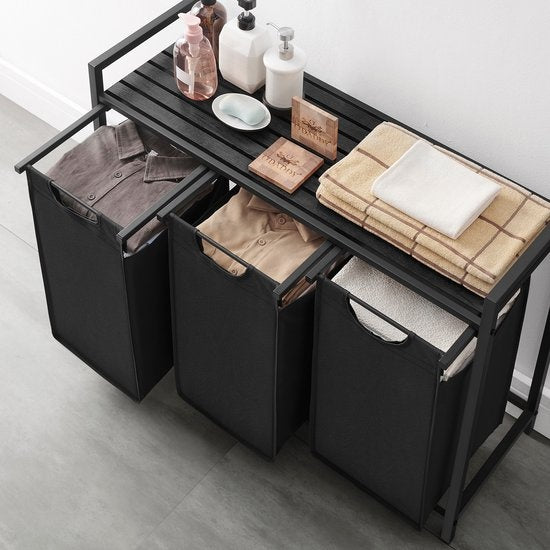 O'DADDYÂ¬Ã† Wäschekorb 3 Fächer - Wäschesortierer - ausziehbar mit Regal - 92,5 x 33 x 71 cm - Wäschekorb - 114L unterteilt in 3 Fächer - Wäschekörbe - Wäschekorb schwarz Metall - dunkelgrau
