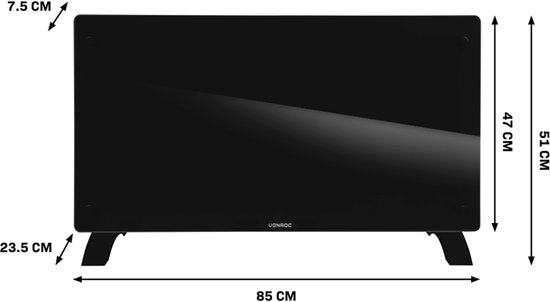 VONROC Luxury electric heater - Konvektorheizung mit Glasscheibe - 1250W/2500W- Beheizt Räume bis zu 30m2 - Gesteuert sowohl mit App (über Wifi) als auch manuell - Einstellbarer Thermostat und Timer - Schwarz