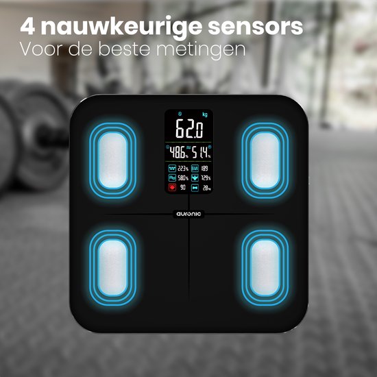 Auronic Personenwaage - Körperanalyse & Fettanteil - Digital - 15 Messungen - Schwarz