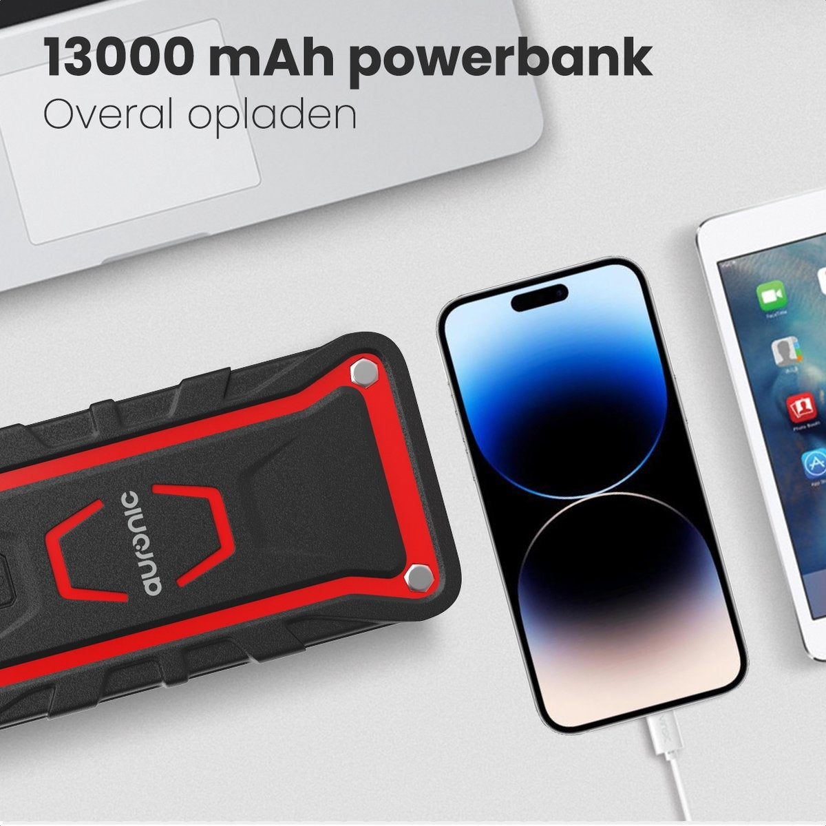 Auronic 12V Jumpstarter für Auto 1000A / 13.000 mAh 4-in-1 Starter Auxiliary - Rot/Schwarz Inklusive Tasche