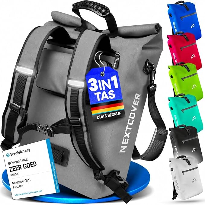 Nextcover 3-in-1-Fahrradtasche – Rucksack & Umhängetasche – 100 % wasserdicht – Für E-Bikes und Gepäckträger