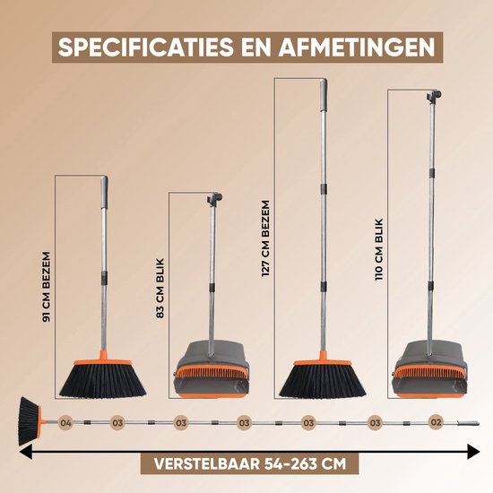 TTD® Kehrschaufel und Bürste mit langem Stiel XXL - Verstellbar 54-263 cm - Besen - Besenstiel - Grau & Orange - Kehrschaufel und Bürste - Schmutzbehälter für drinnen und draußen - Integrierte Reinigungszähne