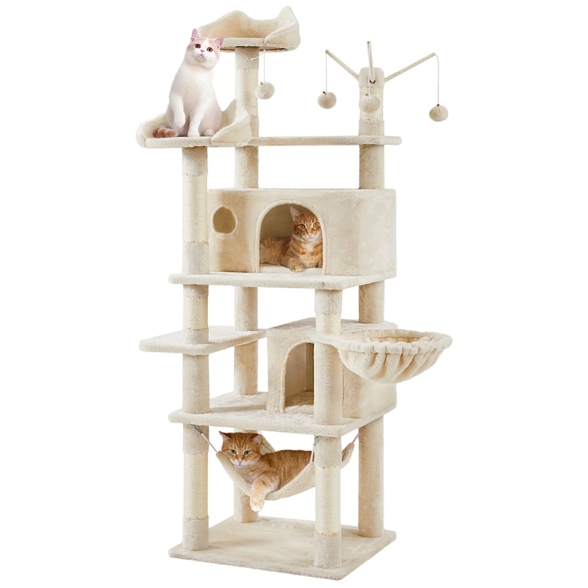 Yaheetech Kratzbaum 170 cm – Beige – XL – 5 Ebenen – 2 Katzenhöhlen – Hängematte – 7 Sisalstangen