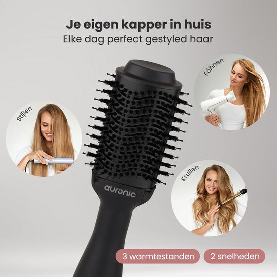 Auronic 3-in-1 Haartrocknerbürste - Airstyler - Lang - Style - Locken - 45 mm Lockenbürste - Keramik-Magic-Bürste - 1000W - Schwarz/Schwarz